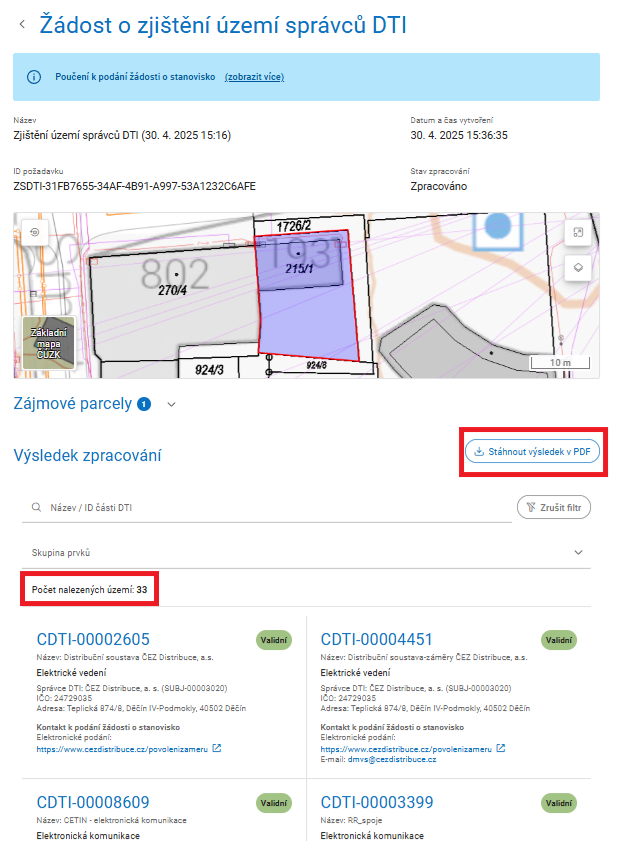 Obrázek 9: Výsledek žádosti o zjištění území správců DTI
