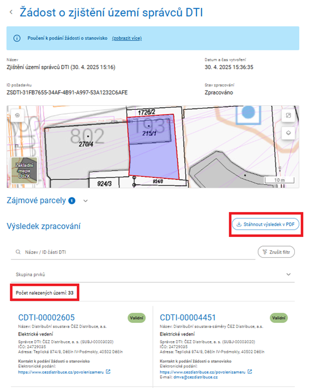 Obrázek 10: Výsledek žádosti o zjištění území správců DTI