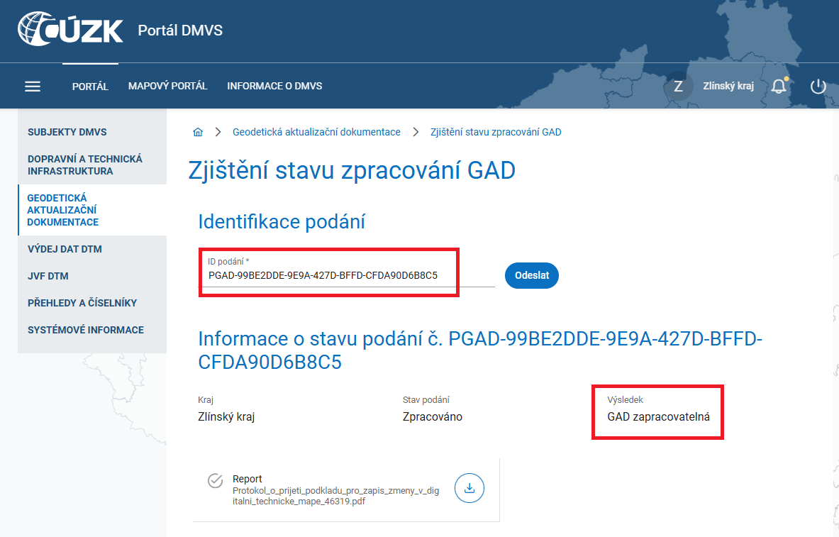 Obrázek 3: Stav zpracování GAD DTM