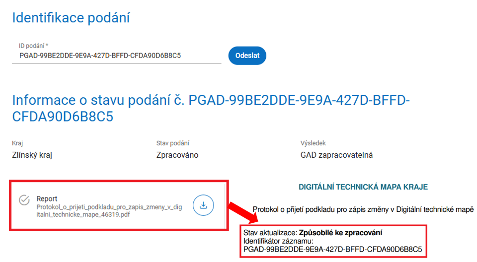 Obrázek 4: Protokol o přijetí podkladu pro zápis změny v DTM kraje